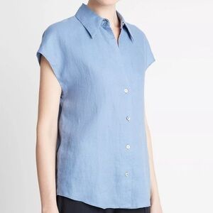 Vince Blue Button Down Cap Sleeve Linen  Shirt top blouse in size Large